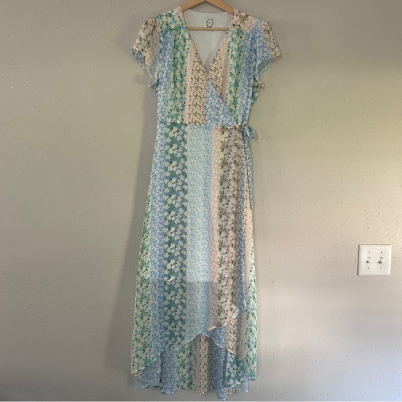Blue Rain Floral Midi Wrap Dress Pastel Formal Lightweight Wedding Guest Garden - Picture 2 of 7